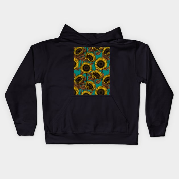 Sunflowers on turquoise Kids Hoodie by katerinamk